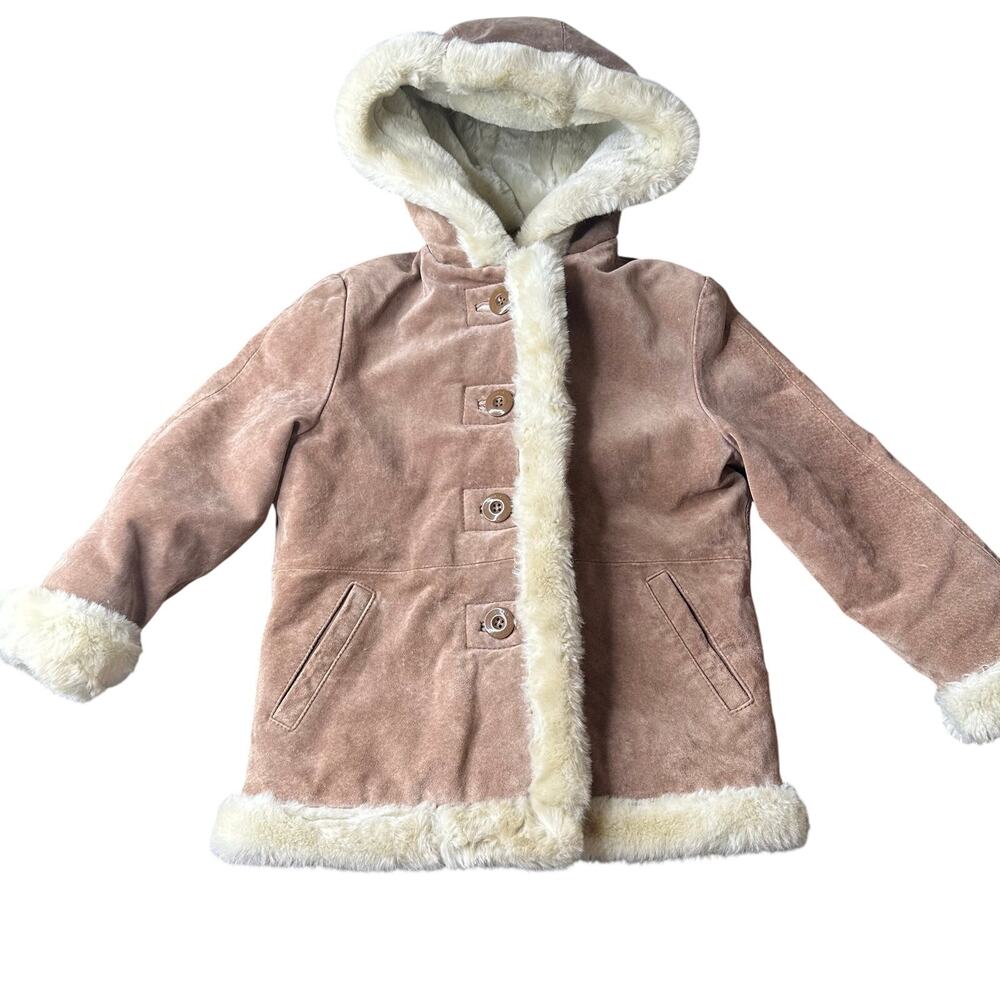 Kids Wilson’s Leather Suede Sherpa Trim Leather Hooded Coats Size Small 5/6